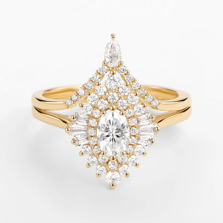 Floral Halo Oval Cut Moissanite Lab Created Wedding Ring Set