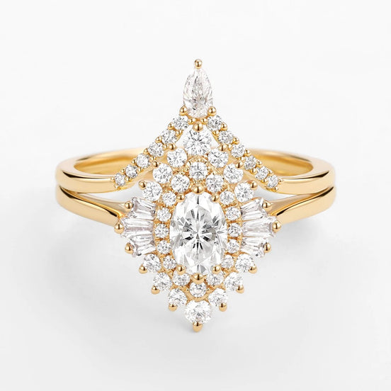 Floral Halo Oval Cut Moissanite Lab Created Wedding Ring Set