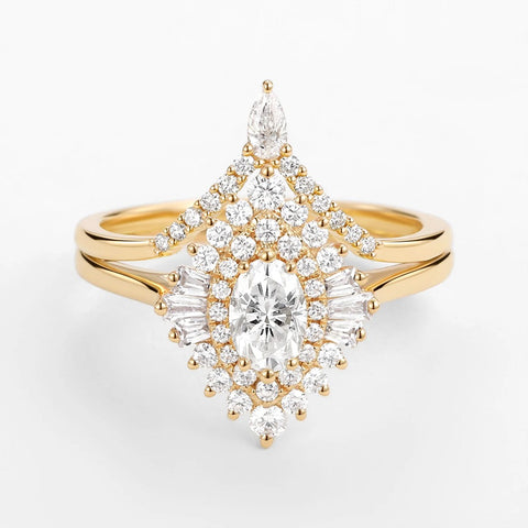 Floral Halo Oval Cut Moissanite Lab Created Wedding Ring Set