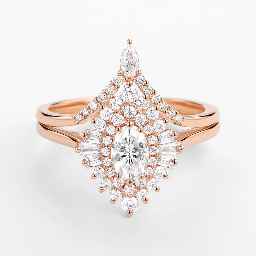 Floral Halo Oval Cut Moissanite Lab Created Wedding Ring Set
