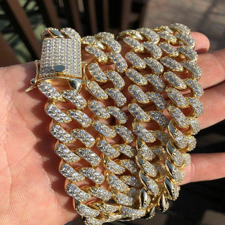 Yellow Gold Plated Custom Moissanite Cuban Chain For Men's