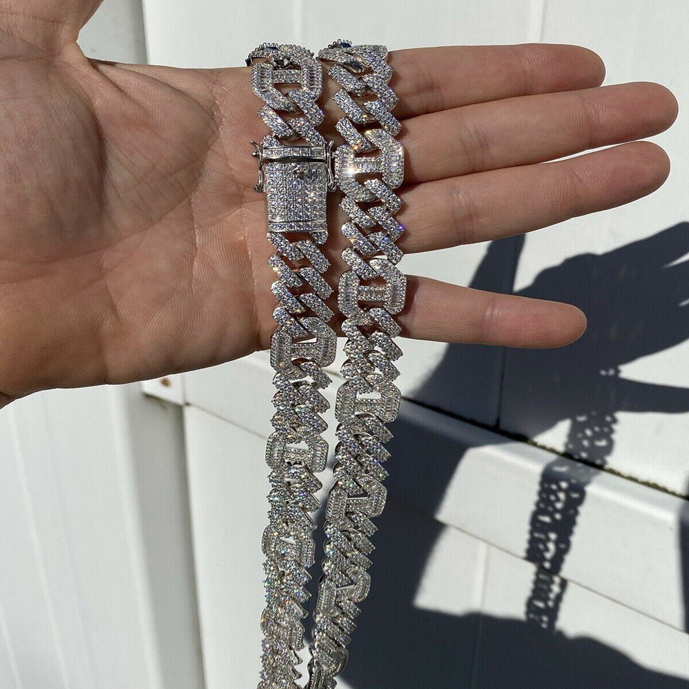 Round & Baguette Cut Moissnaite Diamond Cuban Link Chain For Men's