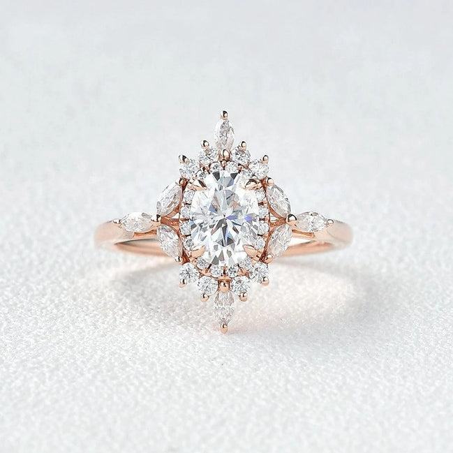 Oval Cut Unique Flower Moissanite Engagement Wedding Ring