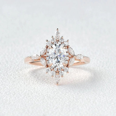 Oval Cut Unique Flower Moissanite Engagement Wedding Ring