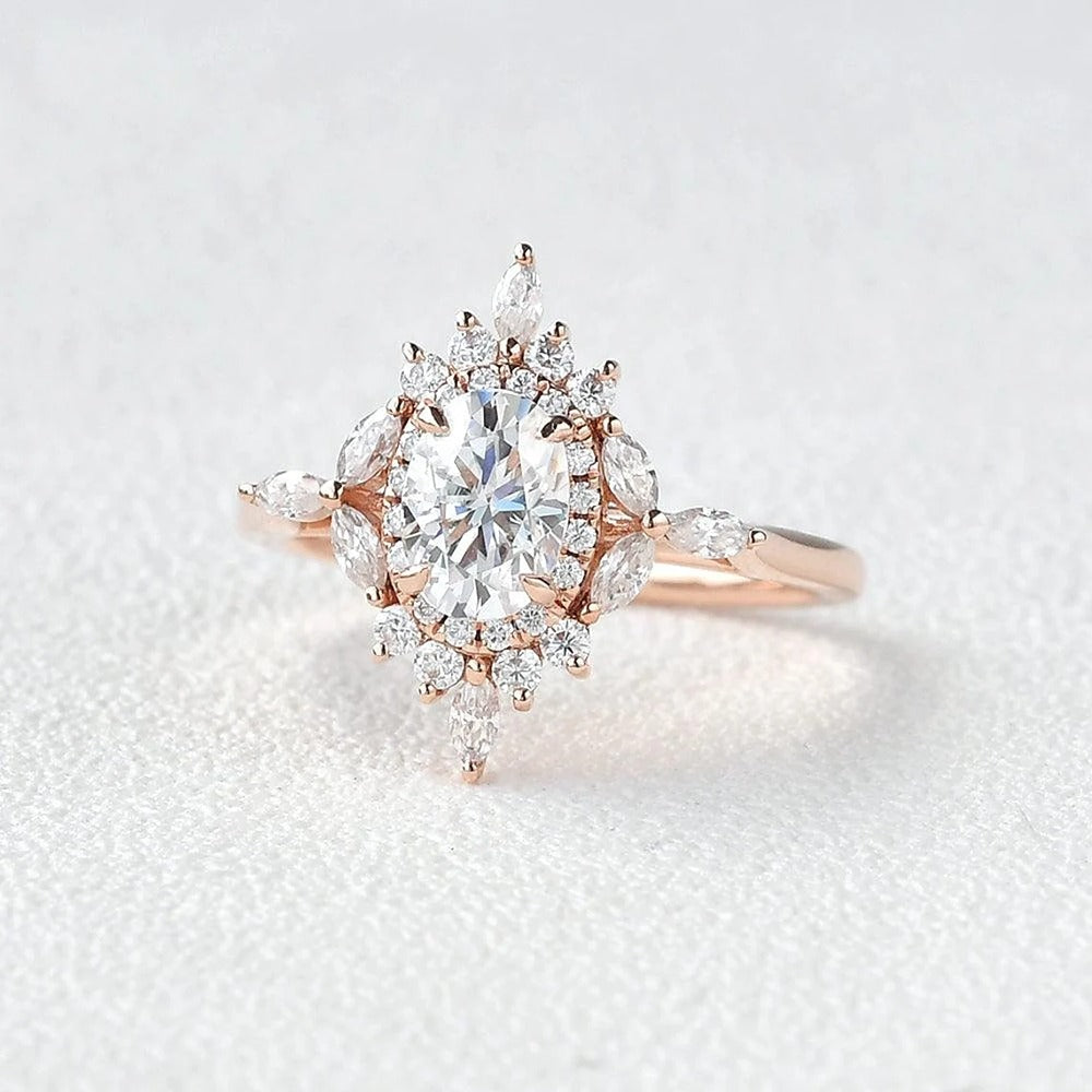 Oval Cut Unique Flower Moissanite Engagement Wedding Ring