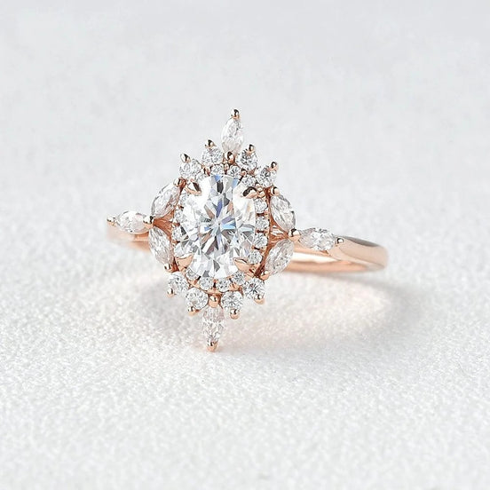 Oval Cut Unique Flower Moissanite Engagement Wedding Ring