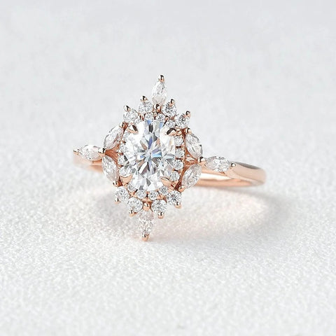 Oval Cut Unique Flower Moissanite Engagement Wedding Ring