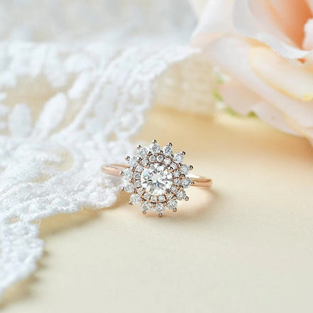 Round Cut Floral Halo Moissanite Engagement Wedding Ring