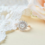 Round Cut Floral Halo Moissanite Engagement Wedding Ring
