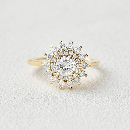 Round Cut Floral Halo Moissanite Engagement Wedding Ring