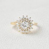 Round Cut Floral Halo Moissanite Engagement Wedding Ring
