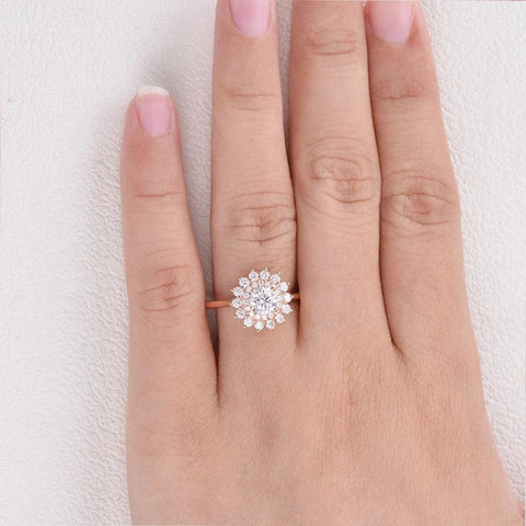 Round Cut Floral Halo Moissanite Engagement Wedding Ring