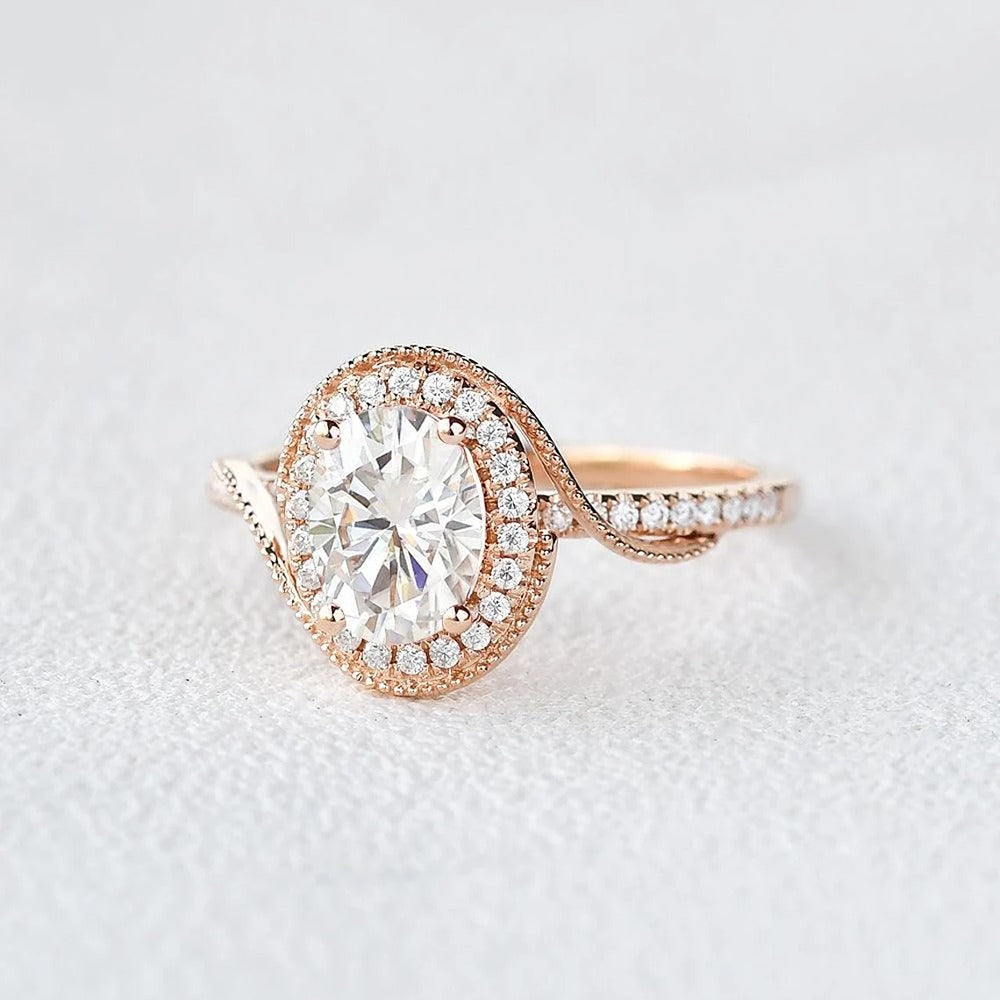 Oval Cut Filigree Halo Moissanite Engagement Ring