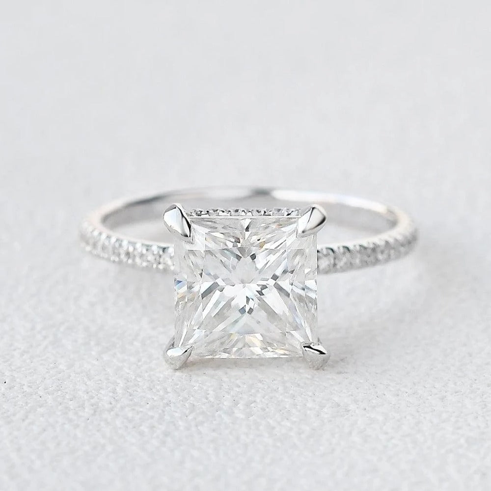 Princess Cut Hidden Halo Moissanite Engagement Ring