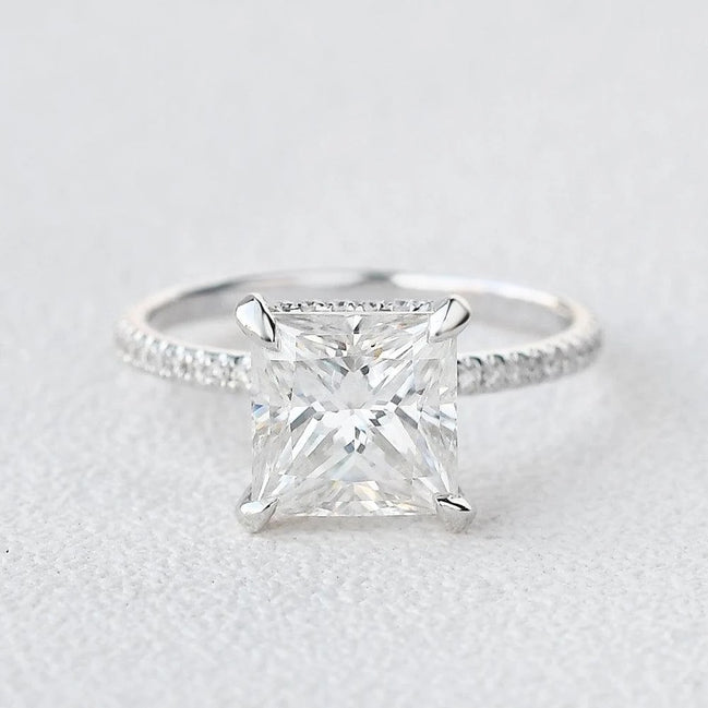 Princess Cut Hidden Halo Moissanite Engagement Ring