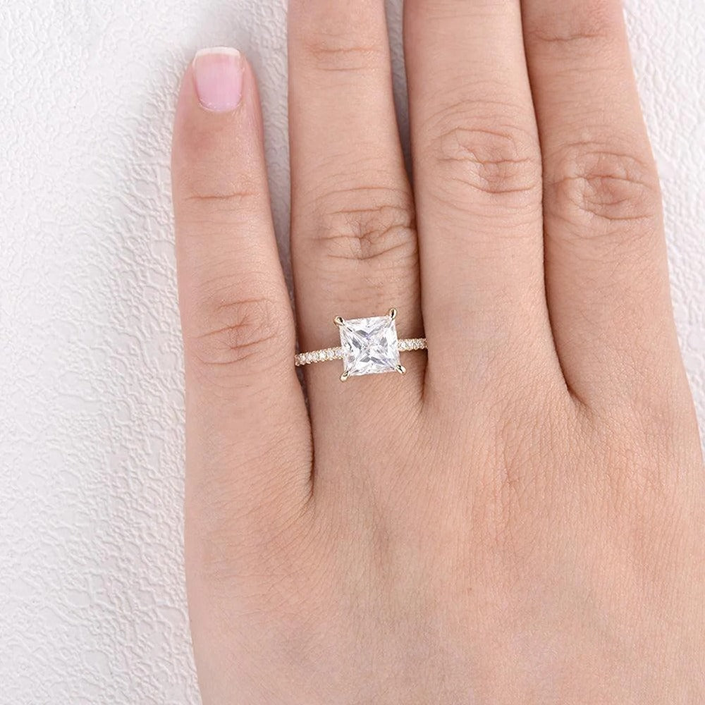 Princess Cut Hidden Halo Moissanite Engagement Ring
