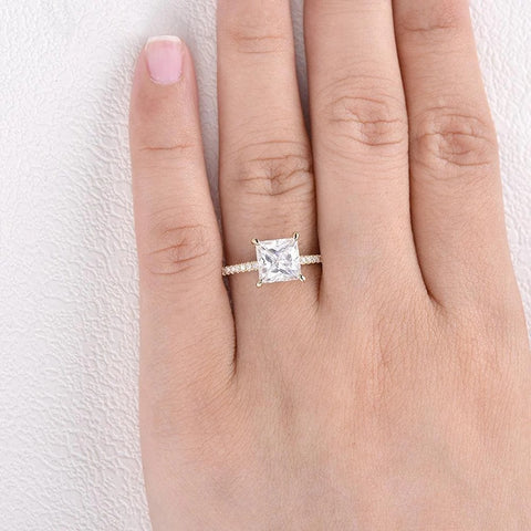 Princess Cut Hidden Halo Moissanite Engagement Ring