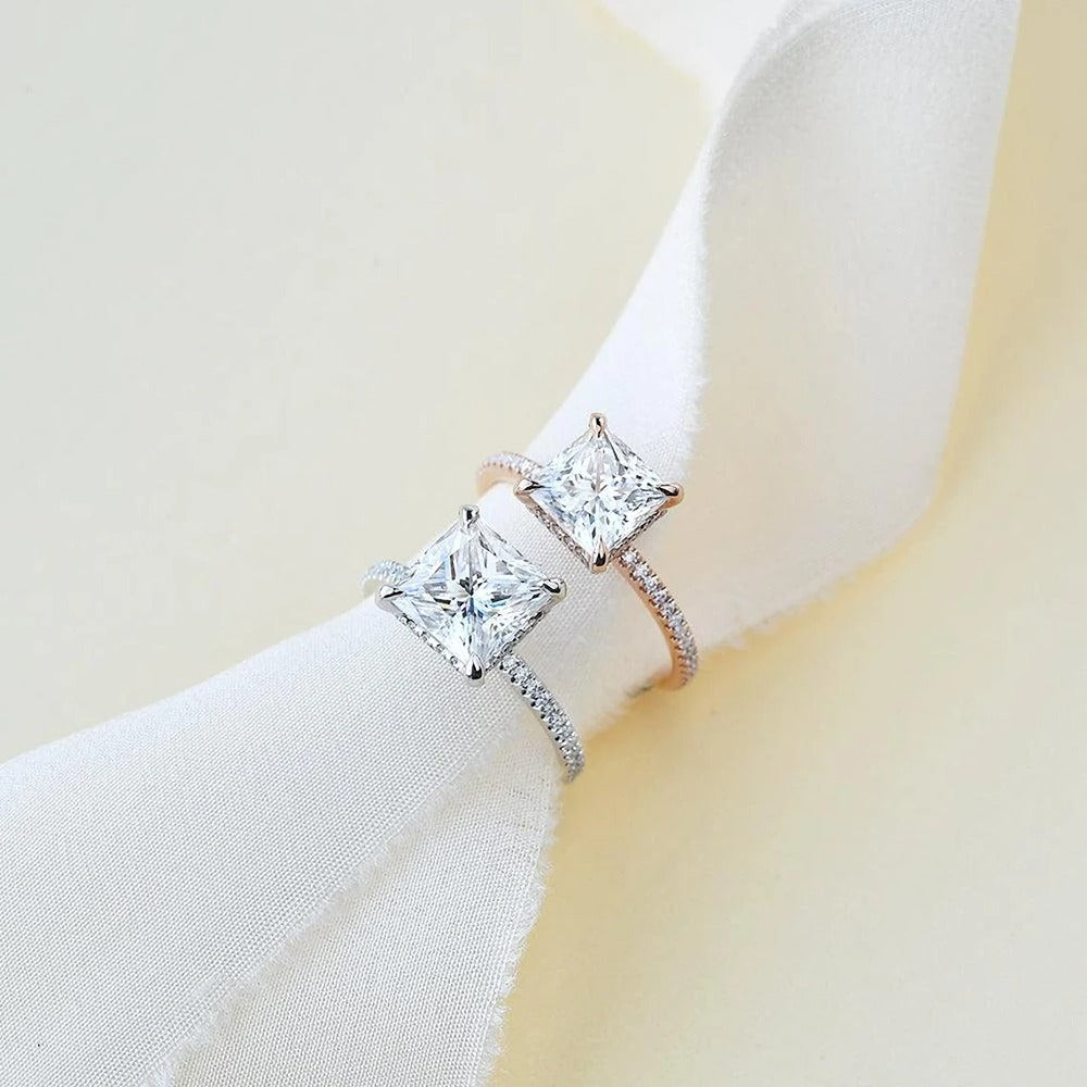 Princess Cut Hidden Halo Moissanite Engagement Ring
