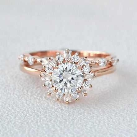 Round Cut Floral Halo Moissanite Wedding Bridal Set
