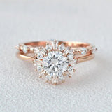 Round Cut Floral Halo Moissanite Wedding Bridal Set