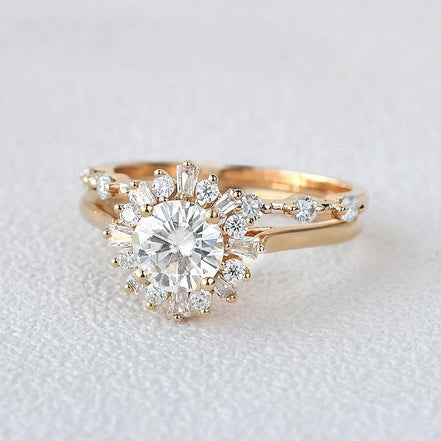 Round Cut Floral Halo Moissanite Wedding Bridal Set