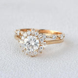 Round Cut Floral Halo Moissanite Wedding Bridal Set