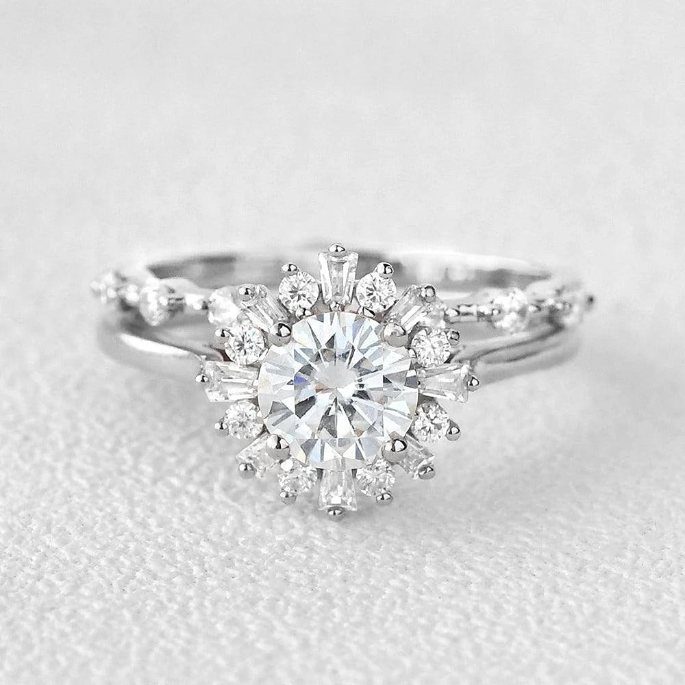 Round Cut Floral Halo Moissanite Wedding Bridal Set