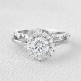 Round Cut Floral Halo Moissanite Wedding Bridal Set