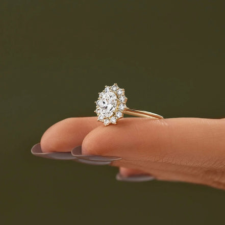 Oval Cut Floral Halo Moissanite Engagement Ring