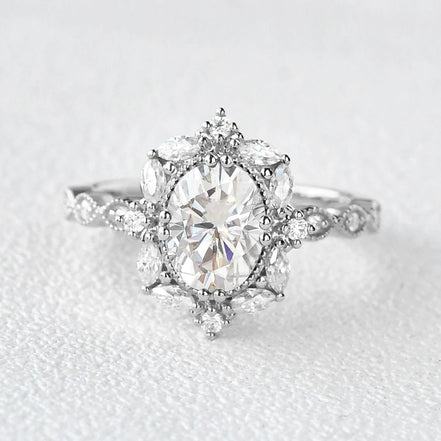 Oval Cut Filigree Halo Moissanite Engagement Ring