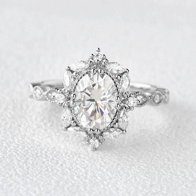 Oval Cut Filigree Halo Moissanite Engagement Ring