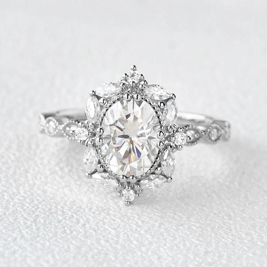 Oval Cut Filigree Halo Moissanite Engagement Ring