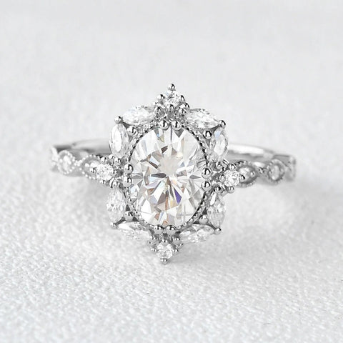 Oval Cut Filigree Halo Moissanite Engagement Ring