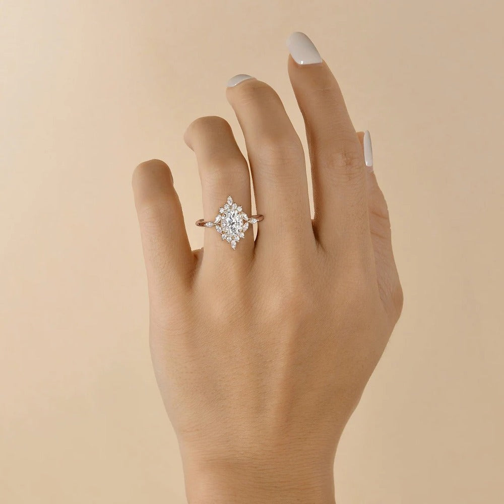 Oval Cut Unique Flower Moissanite Engagement Wedding Ring