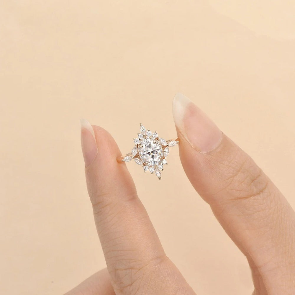 Oval Cut Unique Flower Moissanite Engagement Wedding Ring