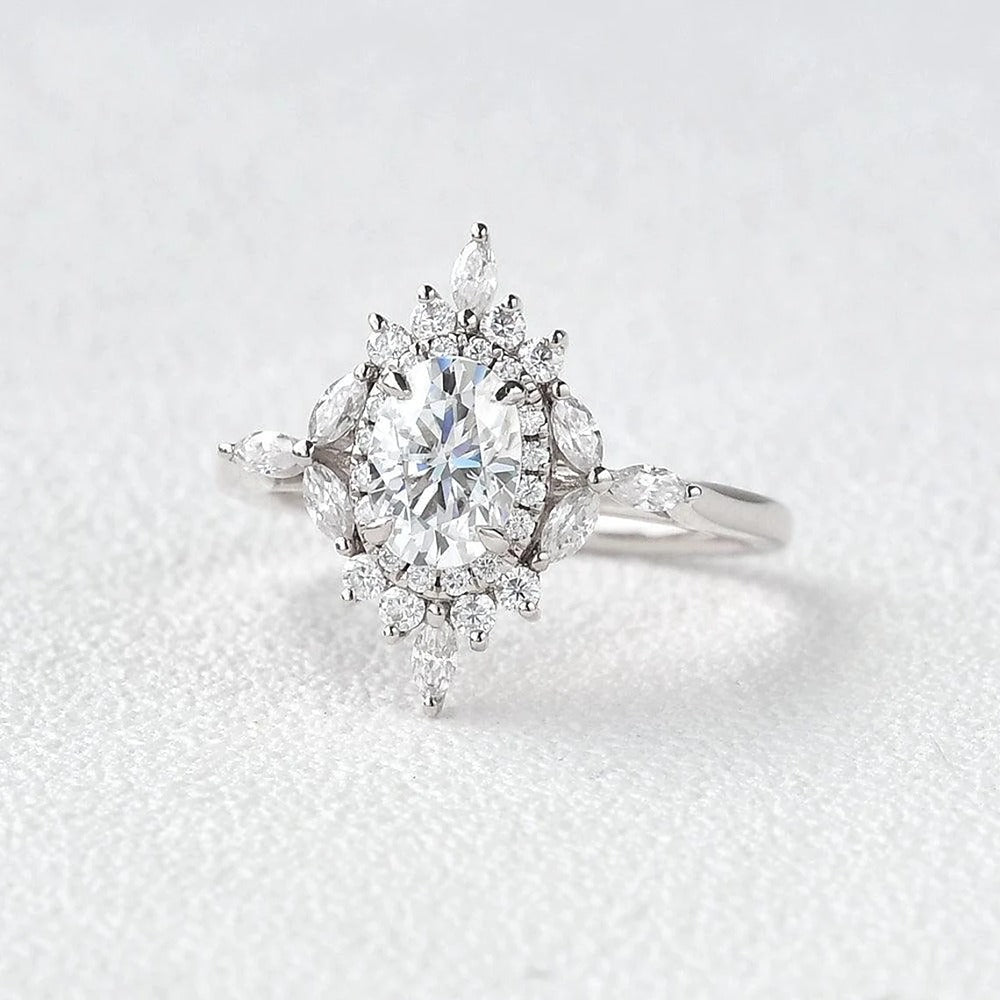 Oval Cut Unique Flower Moissanite Engagement Wedding Ring
