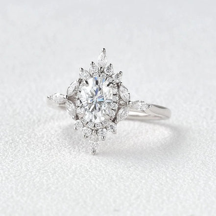 Oval Cut Unique Flower Moissanite Engagement Wedding Ring