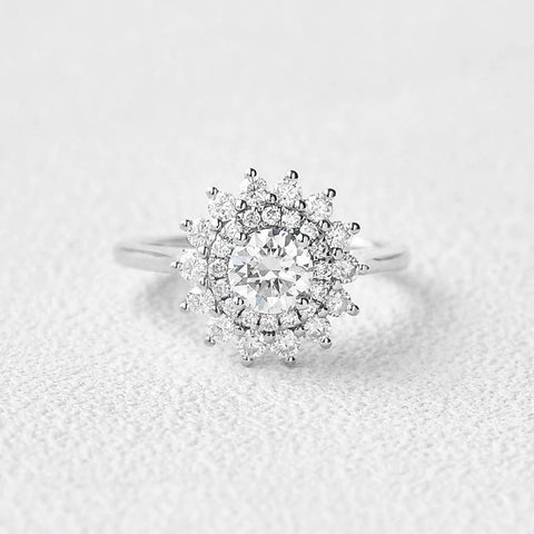 Round Cut Floral Halo Moissanite Engagement Wedding Ring