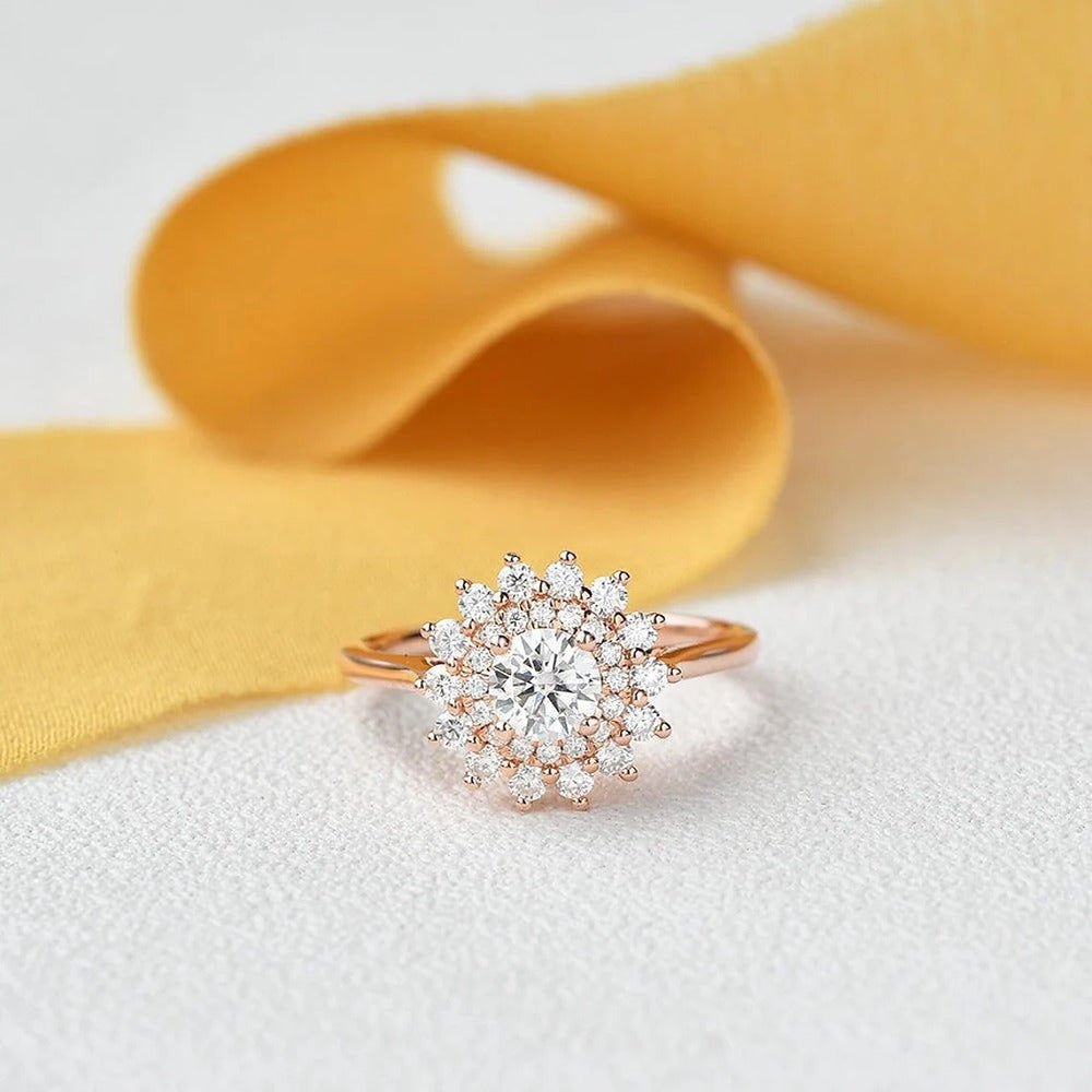 Round Cut Floral Halo Moissanite Engagement Wedding Ring