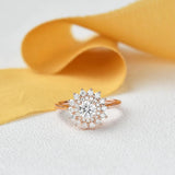 Round Cut Floral Halo Moissanite Engagement Wedding Ring