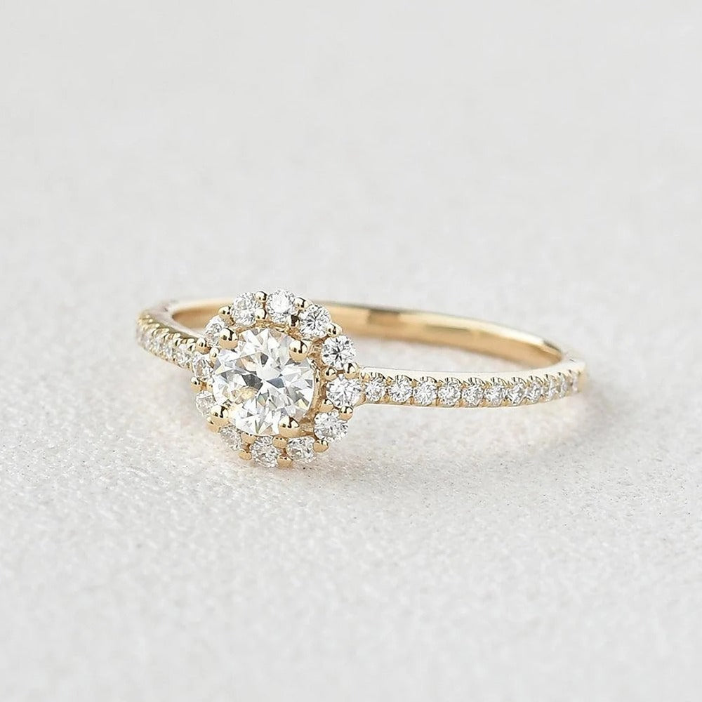 Round Cut Floral Halo Moissanite Engagement Wedding Ring