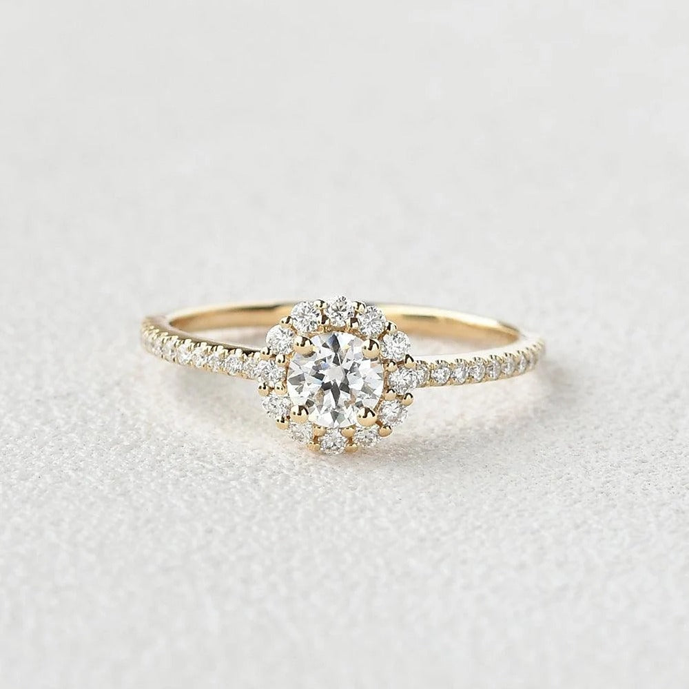 Round Cut Floral Halo Moissanite Engagement Wedding Ring