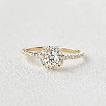 Round Cut Floral Halo Moissanite Engagement Wedding Ring