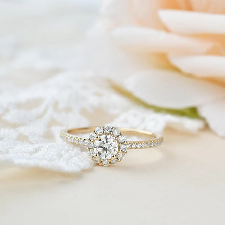 Round Cut Floral Halo Moissanite Engagement Wedding Ring