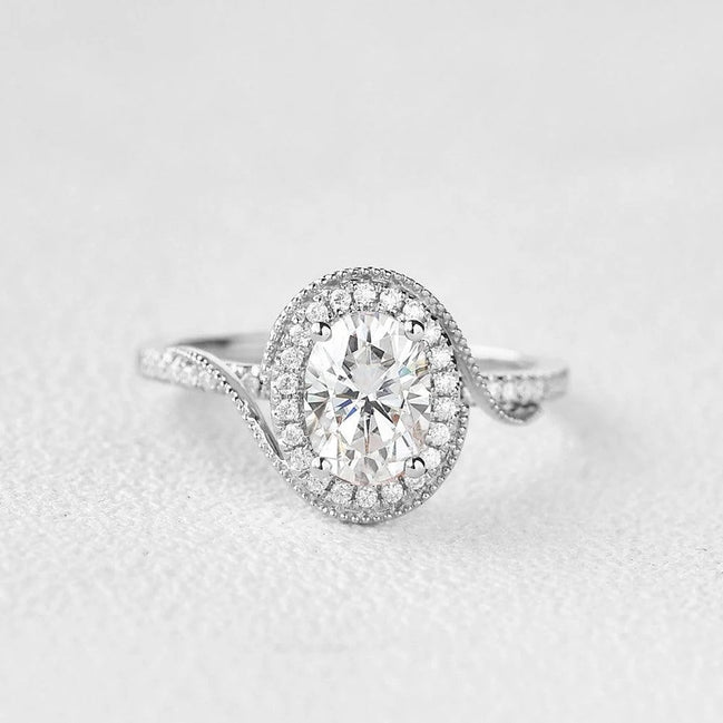 Oval Cut Filigree Halo Moissanite Engagement Ring