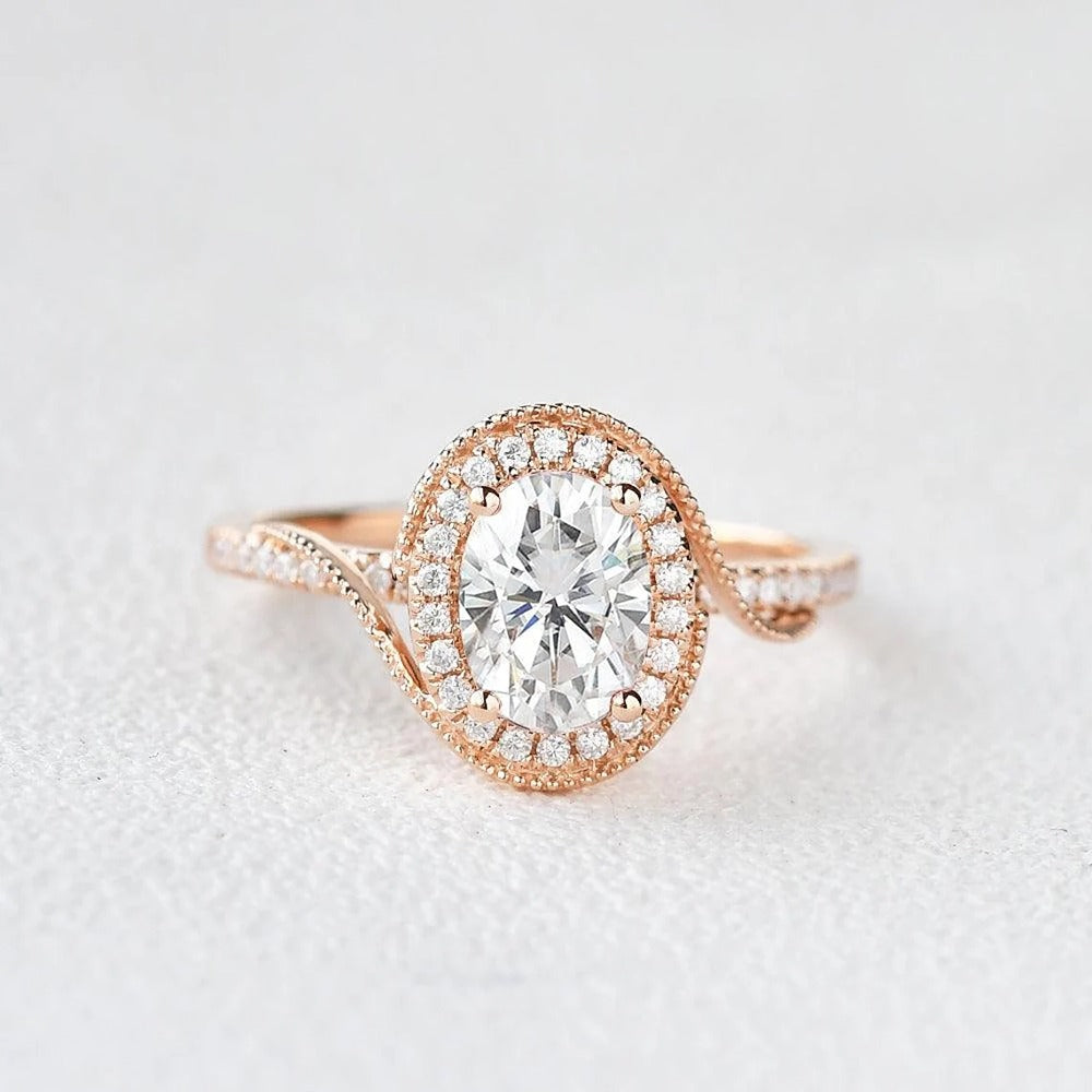 Oval Cut Filigree Halo Moissanite Engagement Ring