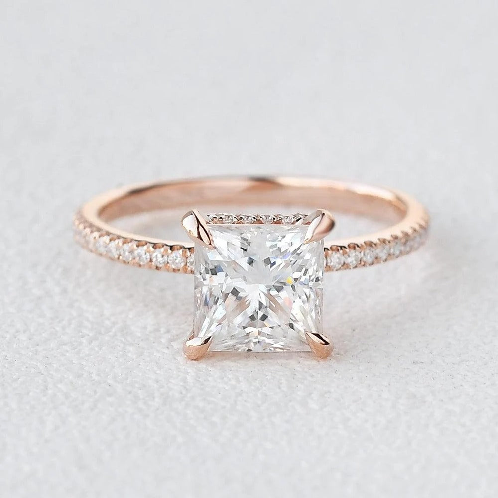 Princess Cut Hidden Halo Moissanite Engagement Ring