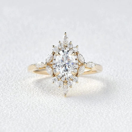 Oval Cut Unique Flower Moissanite Engagement Wedding Ring