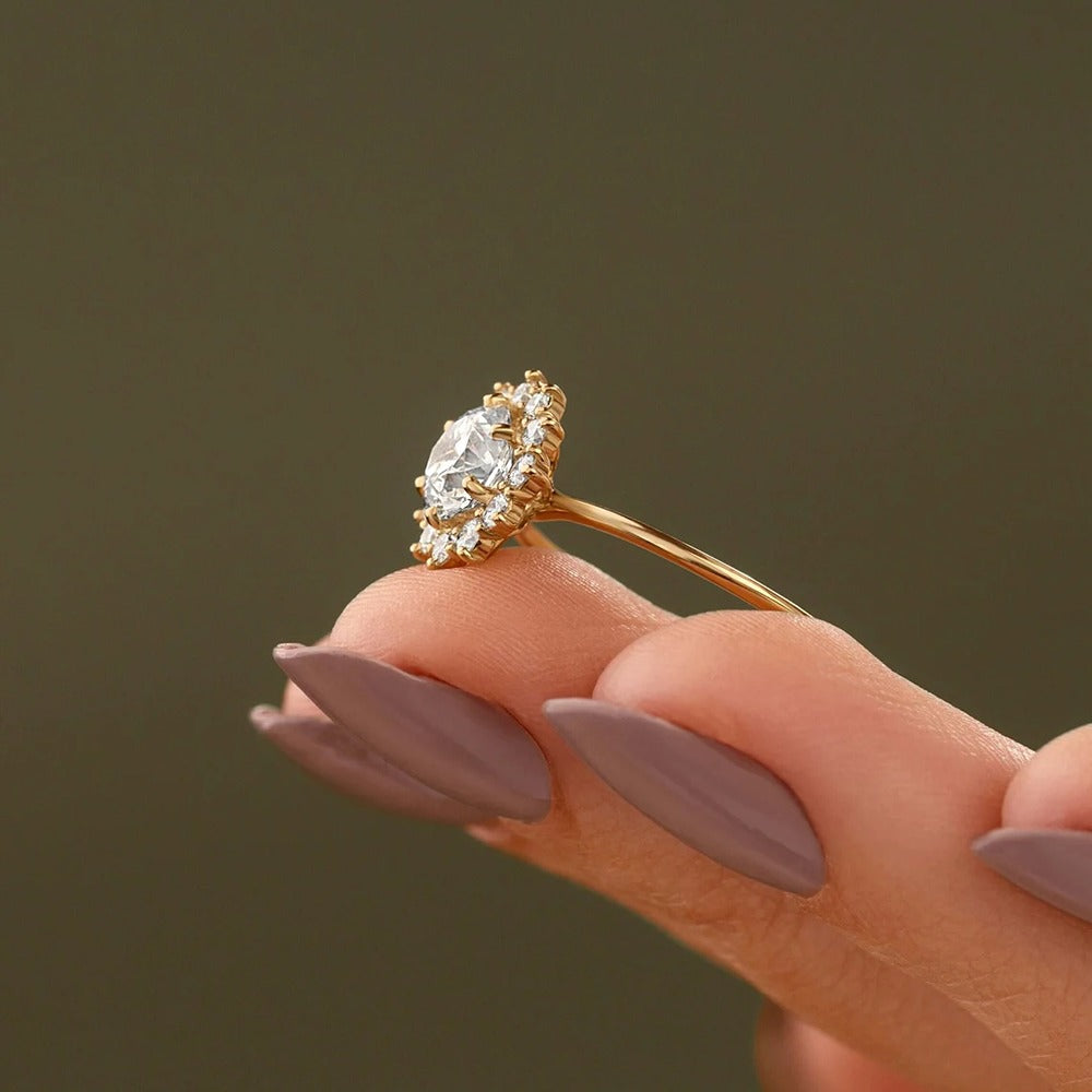 Round Cut Floral Halo Moissanite Engagement Ring