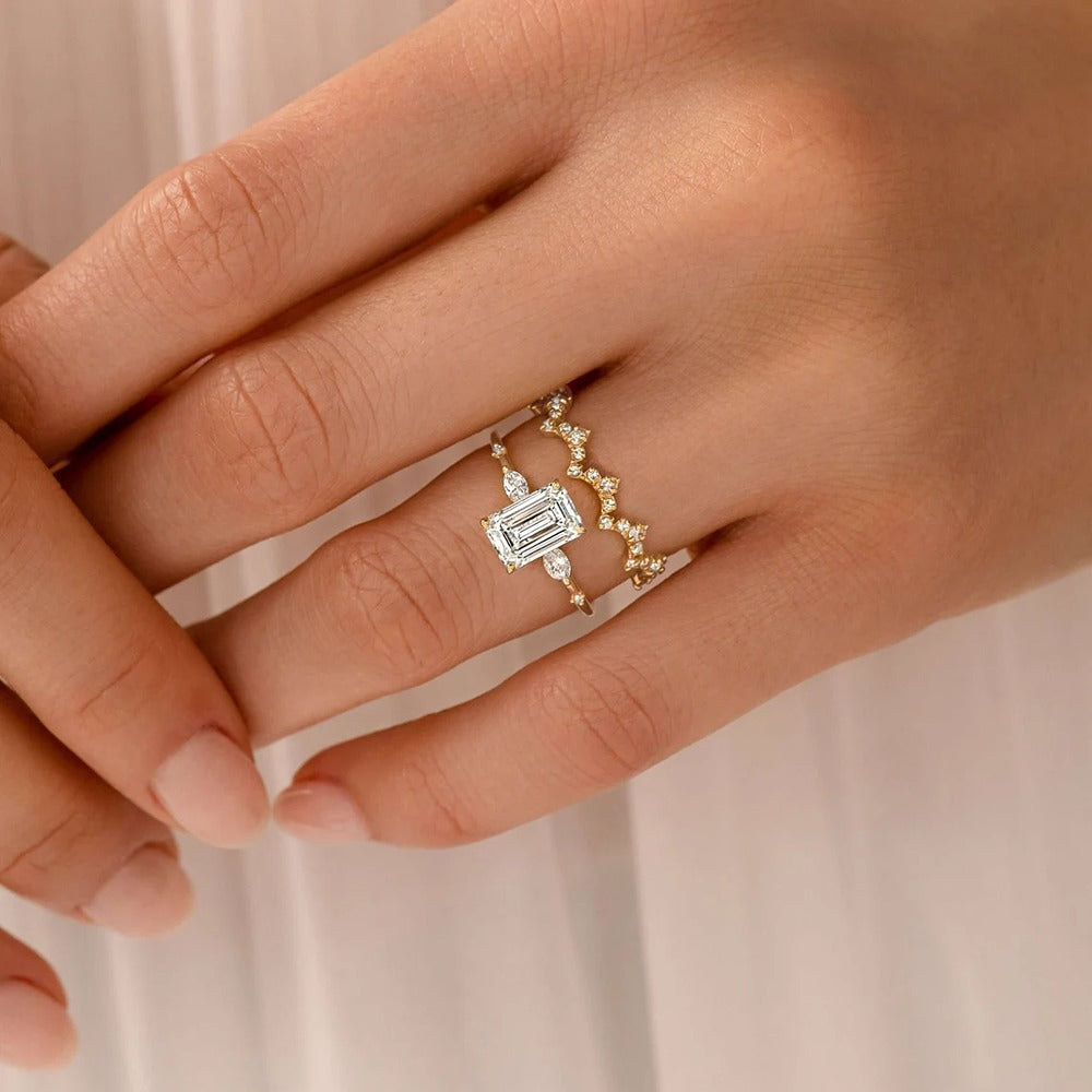 Emerald Cut Unique Moissanite Engagement Wedding  Ring